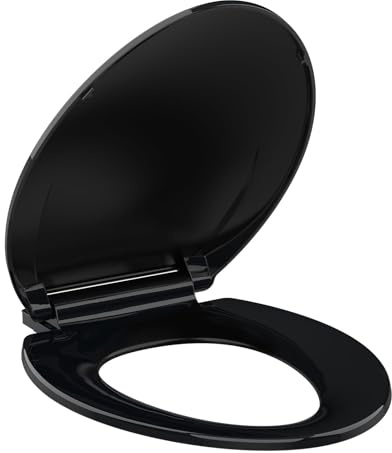 Elongated Toilet Seat Slow Close, 19 Elongated Black Polypropylene Toilet Seat Cover with Never Loosen Durable Lid, Quiet and Easy to Install & Clean