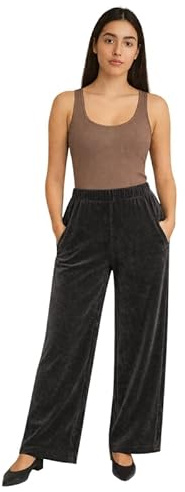 Women’s Luxury Velvet Palazzo Pants –Ladies Soft Stretch Pull-On Trousers with Pockets, Wide Leg for Office, Evening & Casual Wear Charcoal