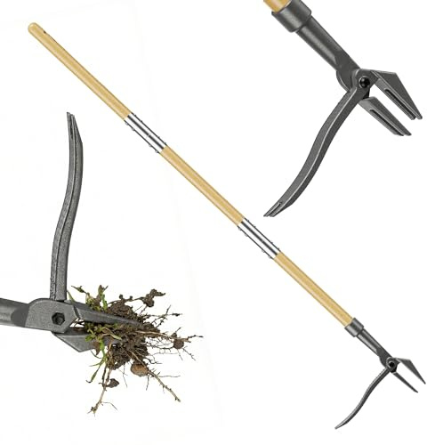 Tiemlet Désherbeur à long manche et pédale (110 cm), avec 2 griffes en acier inoxydable, outil de jardinage démontable, pour pissenlits et chardons dans le jardin