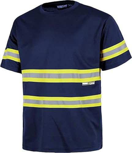 WORKTEAM Camiseta de Trabajo de Manga Corta, con Bandas Reflectantes Fluorescentes, Tejido Piqué: Cómodo, Transpirable, Confortable, Resistente y Freco. Unisex Marino+Amarillo A.V. XL