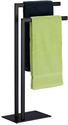 Relaxdays Portasciugamani da Terra, Piantana Autoportante con 2 Bracci, Acciaio, Porta Asciugamani HLP 81x49x20 cm, nero