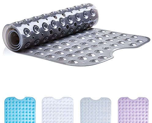 TranquilBeauty No Slip Bath Mat with Suction Cups - Grey 100x40cm/40x16in Extra Long Bathtub Mats - Anti-Mould, Machine-Washable, No Latex - Shower Mat Ideal for Elderly and Children