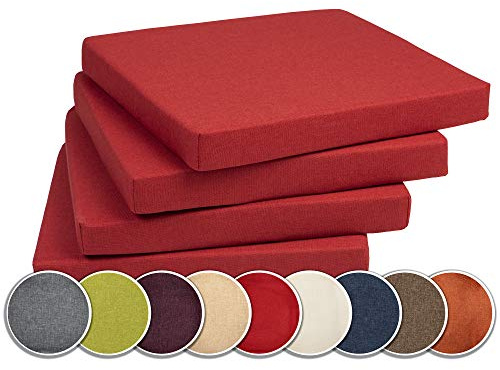 sunnypillow 4er Set Stuhlkissen mit Bindebänder - 40 x 40 x 3 cm - Sitzkissen Outdoor für Stühle/Bänke - Polsterauflage Sitzauflage Gartenkissen für Garten viele Farben zur Auswahl - Rot