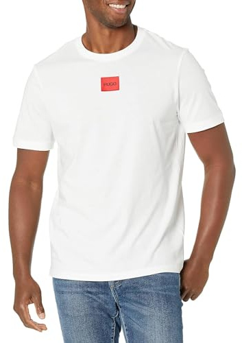 HUGO Herr ribbad rund hals normal passform center logo T-shirt, Kritvit, XL