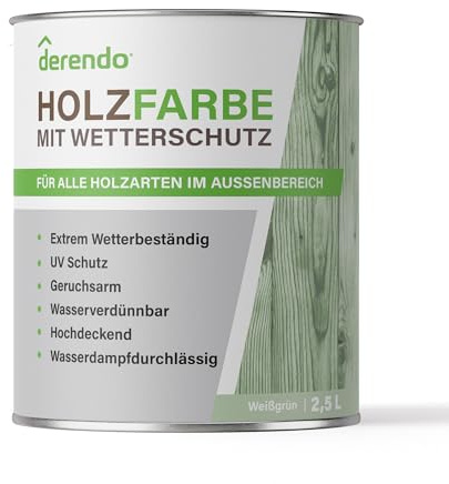 derendo Holzfarbe RAL 6019 außen wetterfest Wetterschutzfarbe Grün 2,5l | Langzeitschutz, Holzlack Weißgrün seidenglänzend , Holzschutzlasur hohe Deckkraft, Außenbereich