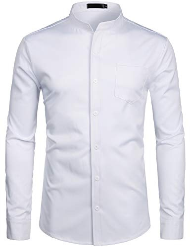 PARKLEES Chemise élégante à col grand-père pour homme, coupe ajustée, manches longues, boutonnée avec poche