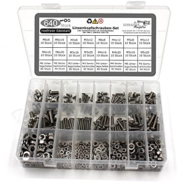 DSM 640 teiliges Set Linsenkopfschrauben M3-M6 – Innensechskant ISO 7380-1 | Edelstahl A2 [TrueSpec Präzision] Schrauben rostfrei – Vollgewinde – Flachkopfschrauben Möbelschrauben