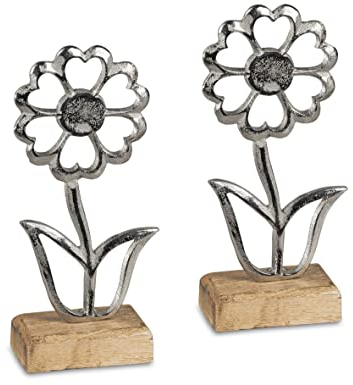 formano Dekoaufsteller Blume aus Aluminium & Mangoholz 20 cm - Silberfarben 1 Stück