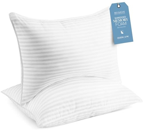 Beckham Hotel Collection Shredded Memory Foam Pillow 2-Pack Queen | Adjustable Fill Cooling Bed Pillows for Side, Back & Stomach Sleepers