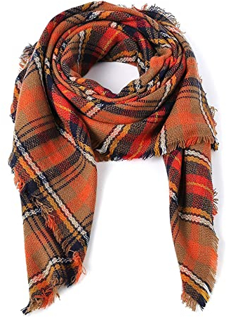 Durio Schal Damen Karoschal Winter Weich Deckenschal Übergroßer Strickschal Kariert Tuch Elegant mit Fransen Orange Einheitsgröße
