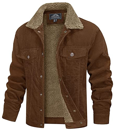 MAGCOMSEN Men's Corduroy Winter Jacket,Fleece Casual Work Coat Lapel Collar Sherpa Lined Jacket for Winter Fall,Brown,M
