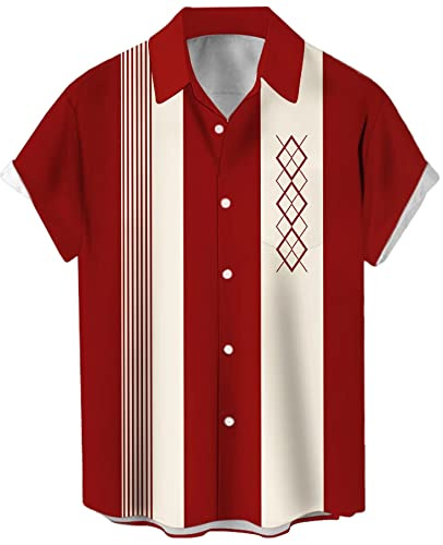 Poker- och bowlingskjorta i vintagestil för män, 1950-tal, retro, kortärmad, buttondown, hawaii-skjorta, L