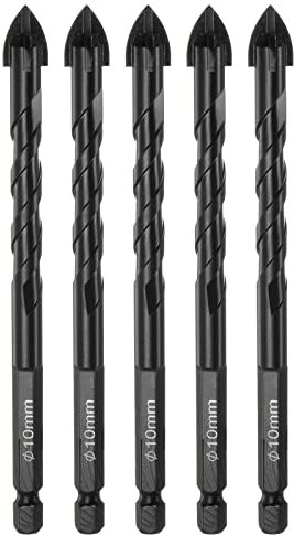 sourcing map 5pcs Masonry Drill Bits, 10mm Concrete Drill Bit 1/4 Hex Shank Ceramic Tile Drill Bit Carbide Tip for Brick, Glass, Plastic, Ceramic Tile, Wall Mirror, Black