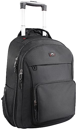 WIRABO Rucksack mit Rollen, 17.3 Zoll Laptop Trolley 40L Reisetasche mit Rollen Groß Schultrolley Handgepäck für Herren Business, Arbeit, College, Schwarz