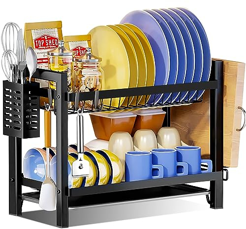 MAISITOO Escurreplatos de 2 Niveles, Escurreplatos sobre Fregadero,Inoxidable con Gancho Extraíble,Bandeja Antigoteo,Soporte para Cubiertos, Soporte para Tablas de Cortar,Escurridor de Platos Negro