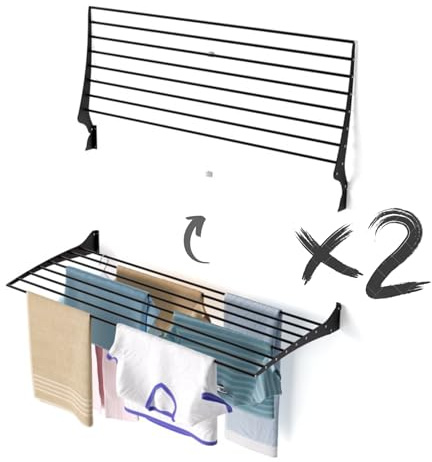 foxydry Fold stendibiancheria da parete richiudibile salvaspazio, 116 cm X2 | In alluminio e acciaio inox, ribaltabile verso l'alto, antiruggine, per terrazza e balcone, supporta 10 kg, nero