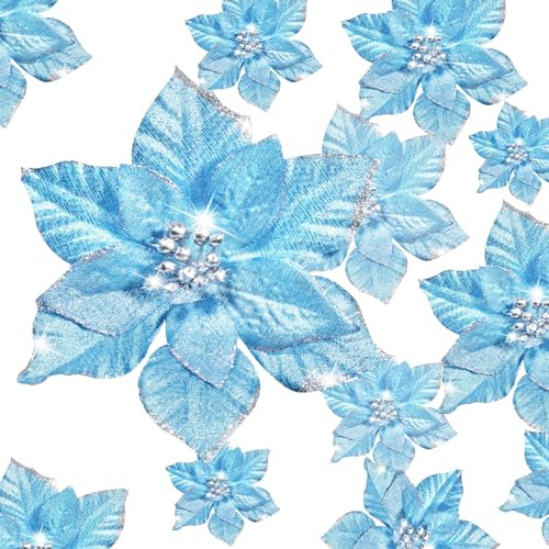 Crowye Lot de 36 poinsettia artificielles à paillettes - 3 tailles - Pour sapin de Noël - Décoration d'intérieur et d'extérieur - 4, 6 et 9 (bleu)