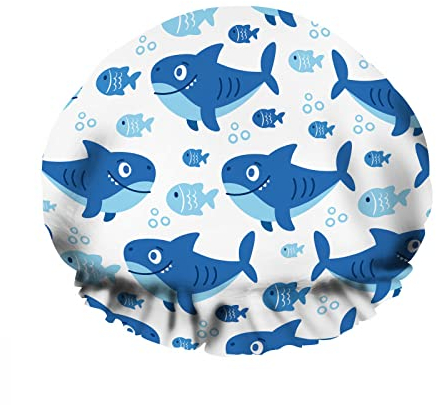 Doppelte wasserdichte Bade-Duschhaube, niedlicher Cartoon-Fisch, Hai, glückliches Schwimmen, Meer, blau, wiederverwendbar, modische Duschmütze für Damen, Schönheit, Bad, Haar, Spa, Zuhause, Hotel, Rei