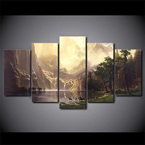 Bild Auf Leinwand - Leinwandbild - Sonnenuntergang Bergsee Hirsch - Wand Bild - Wanddeko - Leinwanddruck - Bilder - Kunstdruck - Leinwand Bilder - Wandkunst (Mit Rahmen 150 X 100 Cm) Für Woh -1N9I-O4
