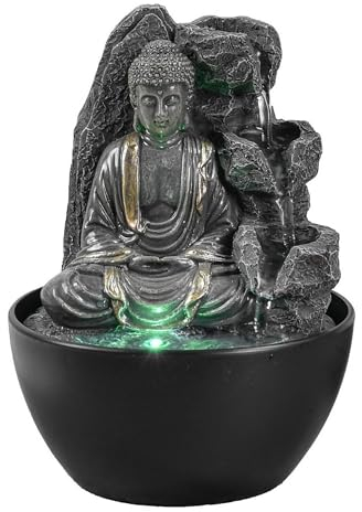 Fuente de Interior de Buda Relajante – Fuente Cascade – Decoración Zen Feng Shui – Idea de Regalo Elegante y útil – Fuente de Mesa con luz LED – 18 cm – Revata Zen'Light