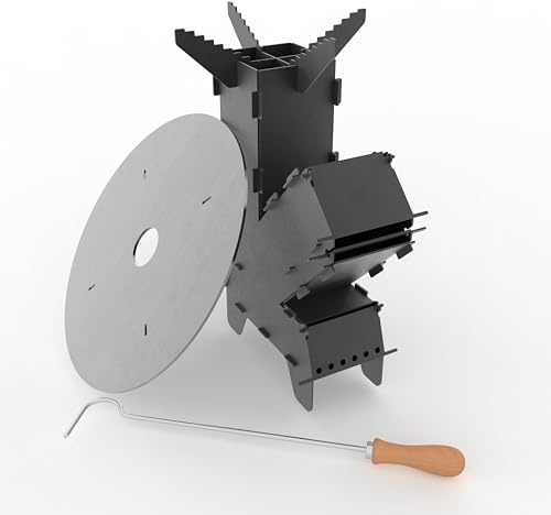 Czaja Raketenofen inkl. Feuerplatte und Schürhaken - Rocket Stove Stecksystem aus massivem 3 mm dickem Stahl Feuerschale BBQ Rakete Holzofen Camping Campingkocher Campinggrill Made in Germany