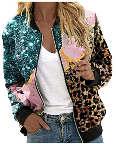Generisch Pailletten Bomberjacke Damen, Leicht Mädchen Kurz Pilotenjacke Coat Tasche Langarm Reißverschluss Fliegerjacke Bomberjacke Sweatjacke Dünn Stehkragen Zip Blouson Jacke Bomber Jacket