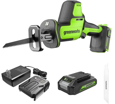 Greenworks Sierra de calar compacta de 24 V sin escobillas de 1 pulgada (3000 SPM), sierra de calar inalámbrica con batería de velocidad variable, batería de 2,0 Ah y cargador compacto incluido,