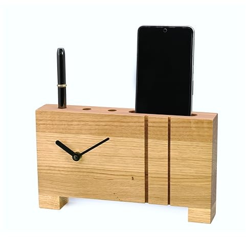 Natuhr Tischuhr Eiche geölt massiv - Dock - Stiftehalter Smartphonehalter 24 x 14 cm (Geräuscharmes Quarz-Uhrwerk)