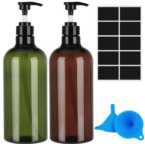 Dispenser per bottiglie vuote, ricaricabili, in plastica, con imbuto ed etichetta per lozioni, shampoo, balsamo, verde e marrone, 2 pezzi da 1000 ml