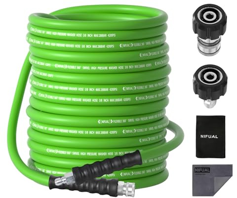 Non Marking 3/8'' Pressure Washer Hose 150FT, Kink Resistant Steel Wire Braided Pressure Washing Hose 4200 Psi for Hot and Cold Water, with M22 14mm to 3/8 Inch 360°Swivel Quick Connect (Green-50FT)