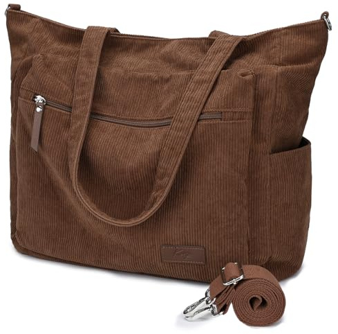 Kasgo Cord Handtasche Damen, 28L Groß Arbeitstasche Damen 15,6 Zoll Laptoptasche Umhängetasche Tote Bag Shopper Tasche mit Reißverschluss und Abnehmbaren Schultergurten für Arbeit Uni Gym Braun