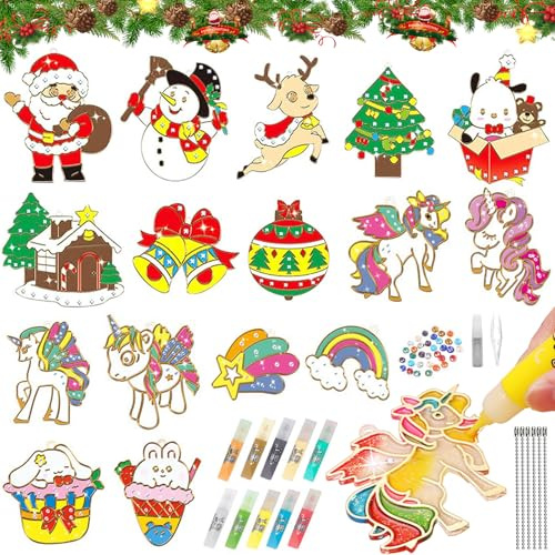QUANMAITONG Kristallklebemalerei Weihnachtlich DIY Set, Bastelset Weihnachten für Kinder, 16 Stücke Window Color Weihnachtsbasteln Set, Crystal Paint Arts Weihnachts Bastelset