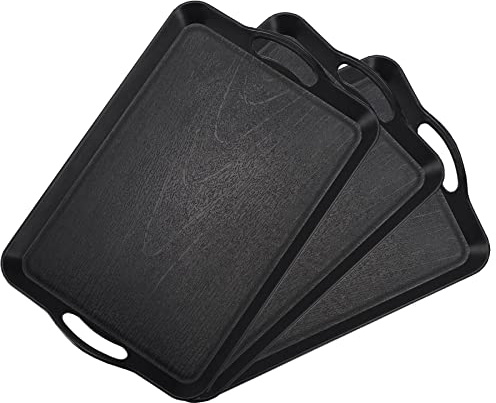 Plastic Serving Tray with Handles, 3 Pack Serving Trays for Breakfast/Coffee,Black，16.5x 11