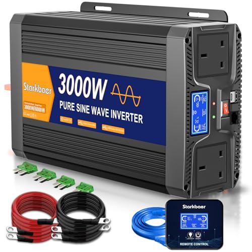 3000W Power Inverter 12V to 240V Pure Sine Wave Converter with 2 UK Sockets | 3000W Pure Sine Wave Converter with LCD Display, 5m Remote Control, Dual UK Sockets & 2 USB. Ideal for Campervan, RV & Solar