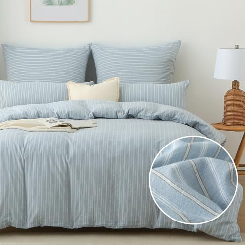 SOULFUL Bettwäsche 200x200 Baumwolle Gestreift Oeko-TEX Blau & Weiß | 100% Gewaschene Baumwolle Bettwäsche-Sets Atmungsaktiv Enthält 1 Bettbezug 200x200 und 2 Kissenbezüge 80x80