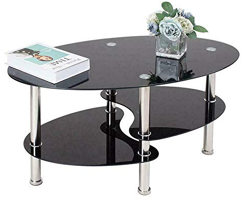 Willonin Couchtisch aus Glas, Couchtisch aus Hartglas, einfach und elegant, Wohnzimmertisch mit Metallbeinen, ovaler Couchtisch mit 2 Regalen, 90 x 50 x 43 cm (schwarz)