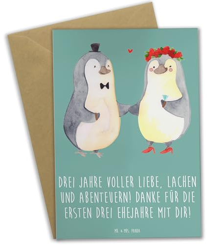 Mr. & Mrs. Panda Klappkarte 3. Hochzeitstag Lederhochzeit - Geschenk, Liebe, einladungskarten, hochzeitskarten, Glückwunschkarte, Grußkarten, Geschenke, Heiraten, Ehe, weihnachtskarten, Grußkarte