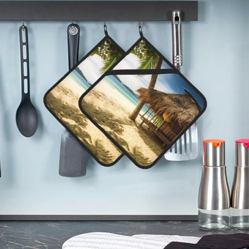 Pot Holders 2 Set hut on a Tropical Beach Potholder for Kitchen Washable Potholders Non-Slip Oven Pot Holder Set Heat Resistant Pot Holder Trivet Square Hot Pad for Baking BBQ