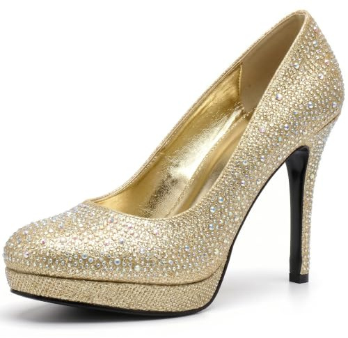 Women Party Pumps High Heel Round Toe Platform Court Shoes for Wedding Bridal Glitter Heeled Pump Evening Courts Shoes (Gold Glitter, UK Footwear Size System, Adult, Women, Numeric, Medium, 8)