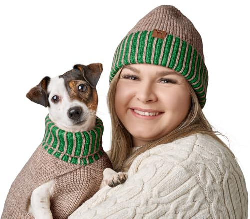 HUNTER Hundepullover Odense, Strickpullover für Hunde, weich & elastisch, mit hohem Kragen, Partnerlook mit Mütze, waschbar, Farbe: beige/grün, Größe: 25