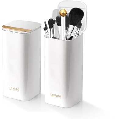Upgrade Makeup Brush Holder Organizer with Lid, Automatic Lifting Dustproof Makeup Brushes Organizer with 4 Compartments for Vanity，Cosmetic Storage for Dresser Countertop and Bathroom (White Gold)