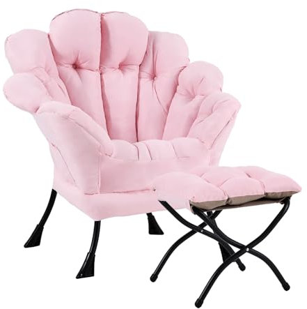 SESHINELL Blütenförmiger Relaxsessel mit Hocker, Loungesessel mit Metallrahmen, Lesesessel für Wohnzimmer, Schlafzimmer, Ankleidezimmer, Rosa