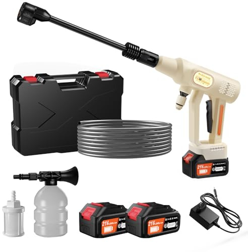 Idropulitrice a batteria 21 V, idropulitrice portatile con 2 batterie da 4000 mAh, ugello multifunzione 6 in 1, tubo flessibile da 5 metri, pistola per idropulitrice per auto, giardino, prato