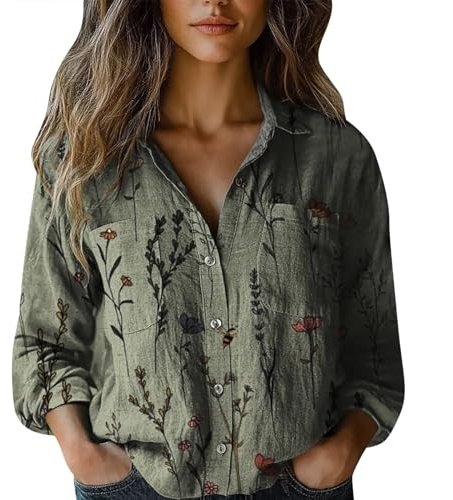 Camicia Donna Estiva Elegante, Camicetta in Lino Curvy Camicia a Fiori Maniche Lunghe Moda Blusa Scollo a V Eleganti Camicie con Bottoni Stampa Floreale Allentato Bluse Shirts Casual Vintage Tops