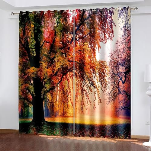 Epinki Blickdichte Vorhänge, Dicke Thermovorhang Kälteschutz Thermogardine mit Blatt Herbstblätter Muster, Sichtschutz Gardinen mit Ösen, Orange Grün, H229 x B107 cm(2er Pack)