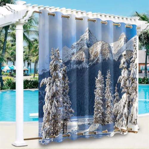 Hiseng Outdoor Vorhänge Wetterfest mit Ösen Oben und Unten, 3D Landschaft Muster wasserdichte Outdoorvorhänge 1 Stück Verdunkelungsvorhang Sichtschutz Vorhang für Garten (Schneeberg,132x182cm)