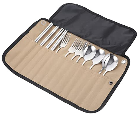 ifundom Campinggeschirr mit Bestecktasche aus Edelstahl und Nylon Satz Leicht und Tragbar für Picknick und Outdoor Camping