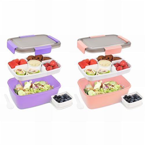 Bugucat Bento Box 2000ML 2 Set, Lunch Box with 3-Compartment Tray, Salad Bowl with Dressing Container, Meal Prep Container with Built-in Spoon,Purple Dpink