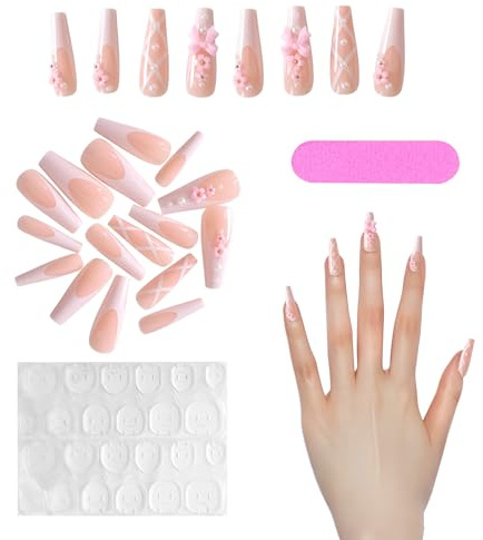 24 Pezzi Rosa Unghie Finte,Long Coffin Press on Nails,Unghie Finte French con Cuscinetti Adesivi e Lime per Unghie, Per Le Donne Ragazze Partito Salon