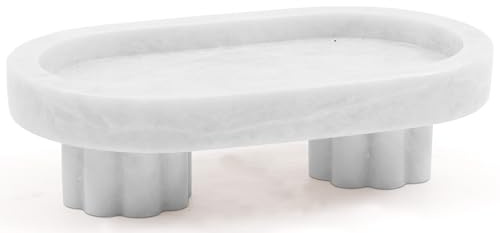 Radicaln Plateau ovale en marbre avec support de 25,4 cm - Plateau décoratif blanc fait à la main pour décoration de salle de bain, organisateur de table basse, plateau de service de comptoir de